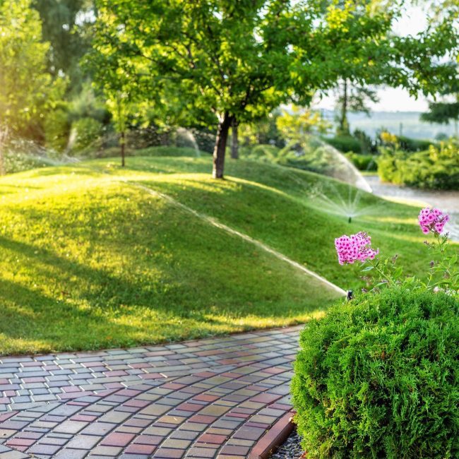 Automatic garden watering system with different sprinklers installed under turf. Landscape design with lawn hills and fruit garden irrigated with smart autonomous sprayers at sunset evening time
